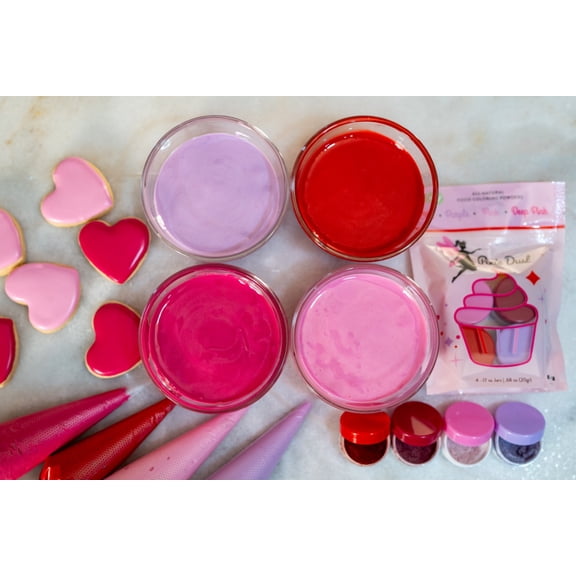 Valentine All-Natural Food Coloring Powder Set - Red, Pink, Deep Pink, & Purple | .68 oz Total