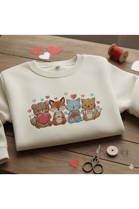 Valentine Animals Embroidered Sweatshirt, Cute Fox Bear Cat Group Shirt, Sweet Romantic Animal Crewneck, Animal Lover Gift, Happy Valentine
