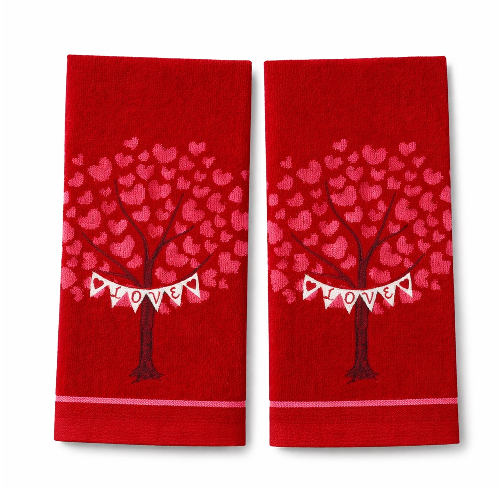 Celebrate  Valentine Bath Hand Towels Red Tree of Love Hearts Bathroom 2 Pieces