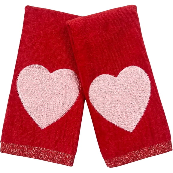 Valentine Bathroom Fingertip Towels - Set of 2 Red, 100% Cotton, Embroidered Stitched Pink Heart Design, 12" x 18" Inches, Decorative Bath Kitchen Hand