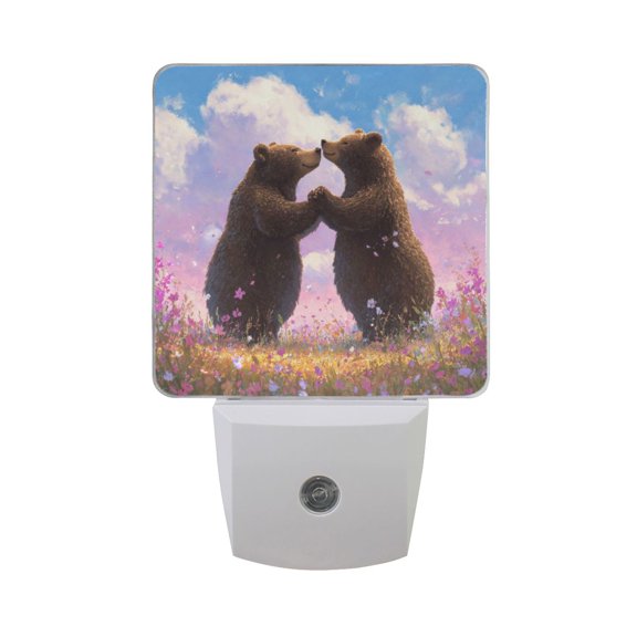 Valentine Bear Couple Holding Hands Flowers LED Night Light Sensor Lamp Plug-in Adjustable Brightness 2 Pack