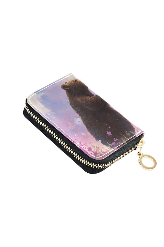 Valentine Bear Couple Holding Hands Flowers Women's Credit Card Holder PU Leather Zipper Wallet RFID Blocking