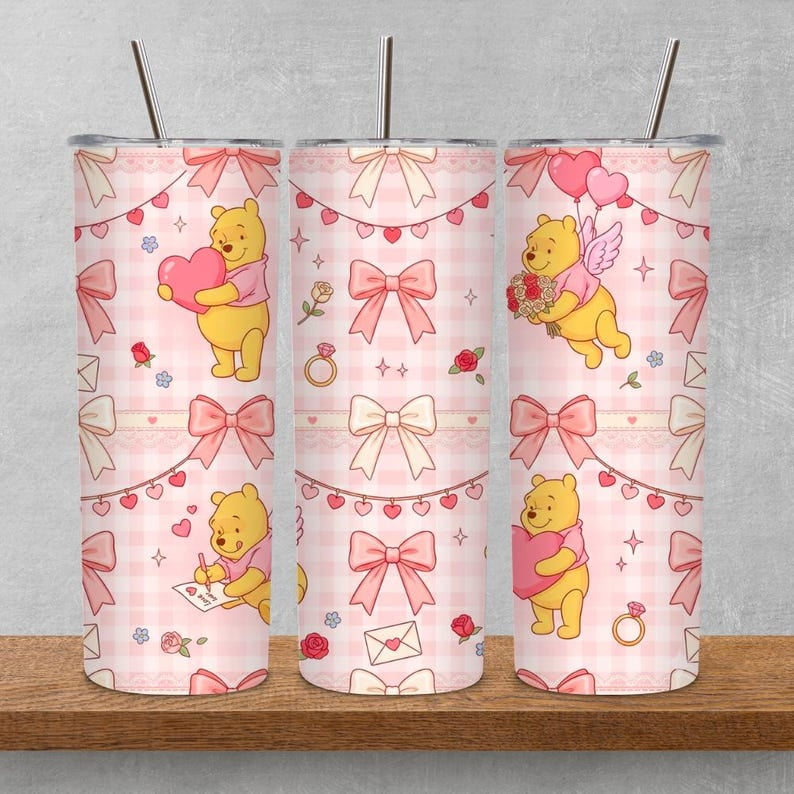 Valentine Bear Tumbler Wrap PNG | Cute Cartoon 20oz Skinny Tumbler Design | Pink Valentine Cup Decal&nbsp;