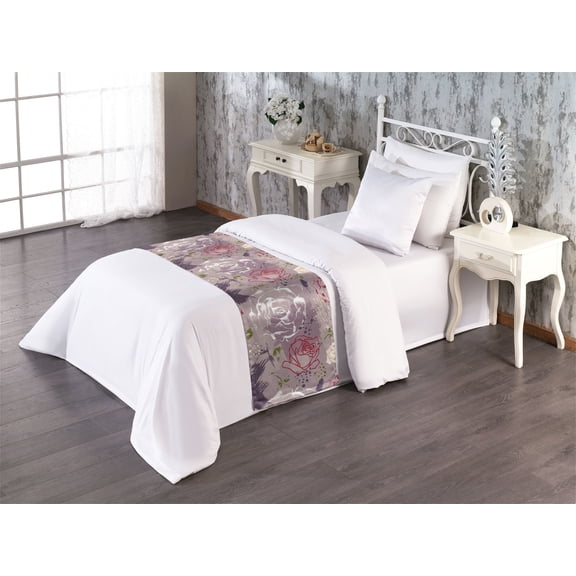 Valentine Bed Runner, Pastel-Colored Rose Flowers Leaves with Brush Strokes Abstract Art, Decorative Accent Bedding Scarf for Hotels Homes & Guest Rooms, Twin, Mauve Taupe Sage Green, by Ambesonne