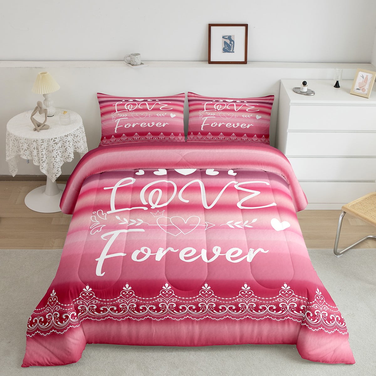 Valentine Bedding Romance Love Comforter Set Pink Ombre Gradient Full