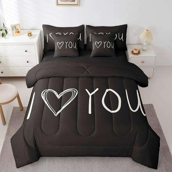Valentine Bedding Set 7 Piece Black White Comforter Set Twin Size Teens I Love You Quilt Romantic Couple Reversible Bed in a Bag Heart Pattern Flat Fitted Sheet