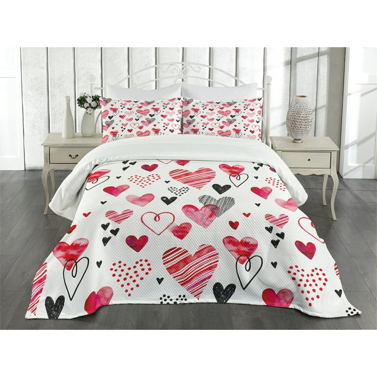 Valentine Bedspread Set, Different Types of Heart Shapes Romance Love Theme  Watercolor Striped Art, Decorative Quilted Coverlet Set with Pillow Shams  Included, Pink Black White, by Ambesonne 