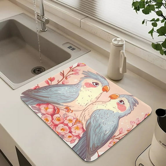 Valentine Bird Dish Drying Mat for Kitchen Counter Absorbent Drainer Mats (15.7X11.8inch)
