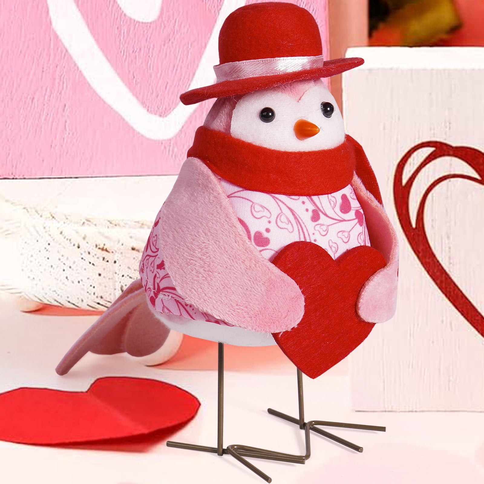 Valentine Bird Figurines,Valentine Table Decoration Standing Fabric Birds Ornament,Pink Hearts Tabletop Bird,Romantic Valentine Plush Bird Tiered Tray Decoration Bird,Valentine Party Supplies