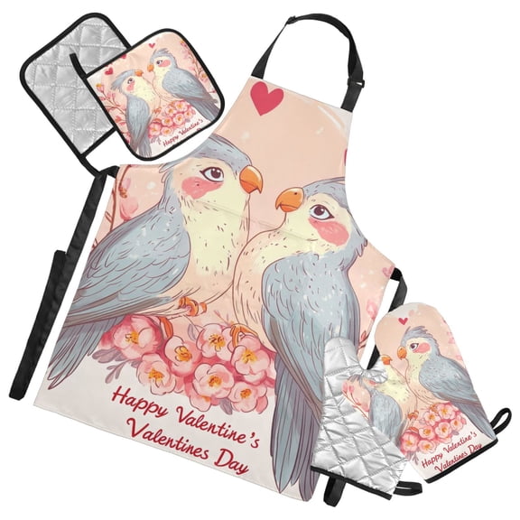 Valentine Bird Oven Mitts and Pot Holders with Chef Apron Set 5 Pcs Kitchen Cooking Set