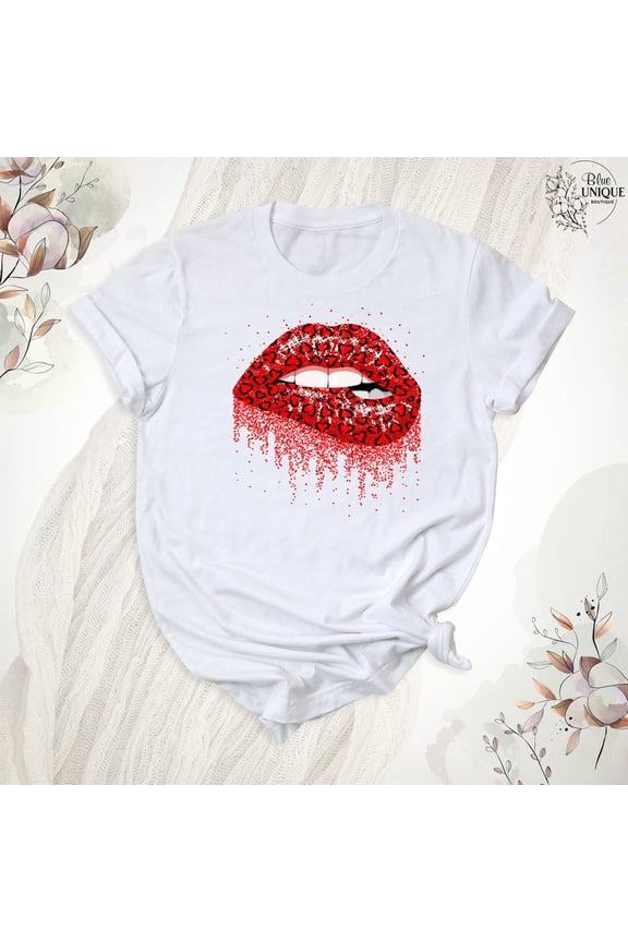Valentine Bite Lips Shirt, Dripping Lips Shirt, Biting Lip Shirt, Valentine Day Clothing, Red Heart Dripping Lips Outfit, Kisses Tee, Full Size S-5XL