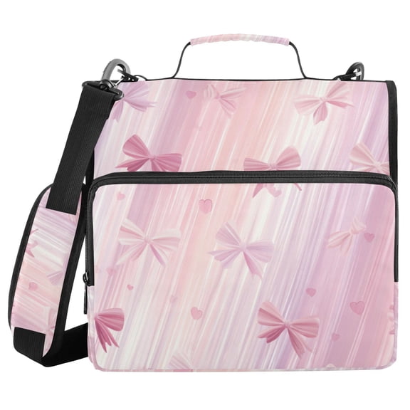 Valentine Bows Hearts Stripes Digital Pattern Binder Bag with Shoulder Strap 3 Ring Zipper Binder File Folder Document Storage