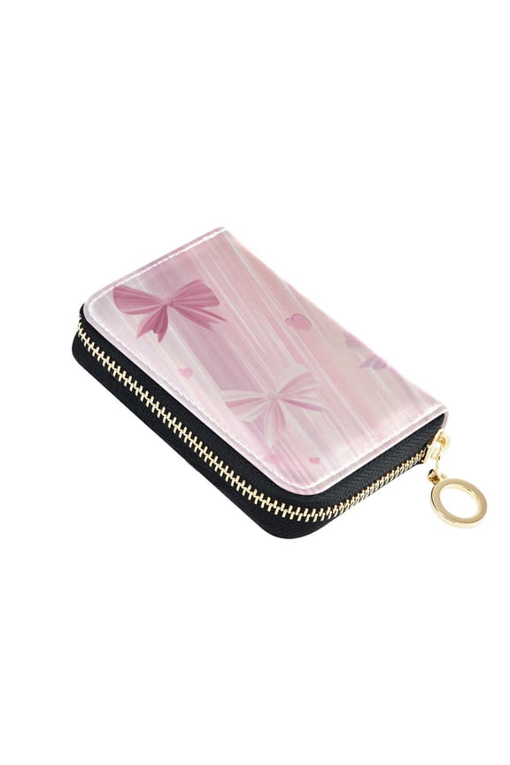 Valentine Bows Hearts Stripes Digital Pattern Women's Credit Card Holder PU Leather Zipper Wallet RFID Blocking