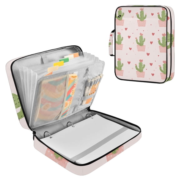 Valentine Cactus with Hearts Accordion File Organizer Expanding File Folder 3-Ring Binder Bag 500 Sheets A4 Size