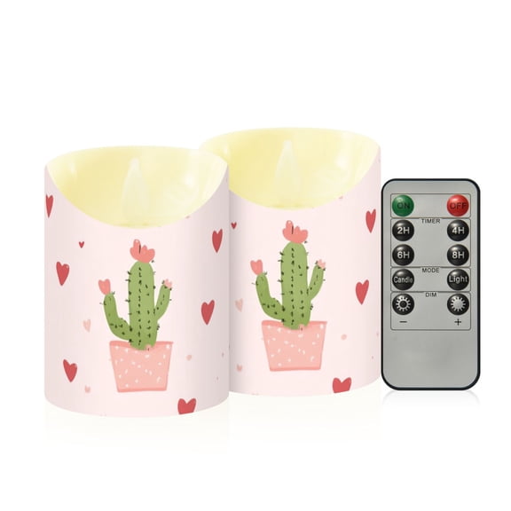 Valentine Cactus with Hearts Flickering Flameless Candles with Remote Timer Battery Operated LED Tealight Set of 2 S