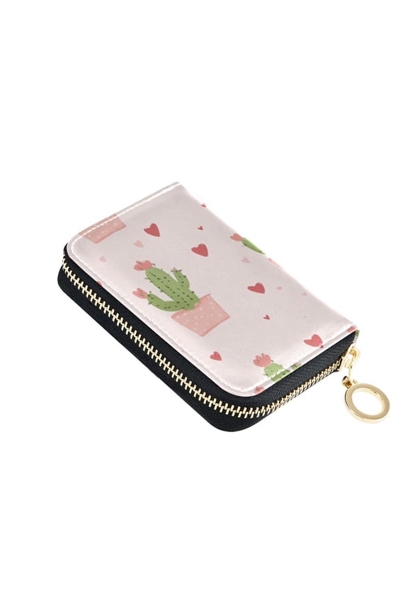 Valentine Cactus with Hearts Women's Credit Card Holder PU Leather Zipper Wallet RFID Blocking