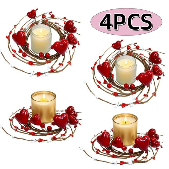 Valentine Candle Rings Mini Wreaths Red Heart and Berry Candle Holder Valentines Table Centerpieces Rings Candle Rings for Valentine's Day Wedding Window Party Supplies 4 Pcs Red