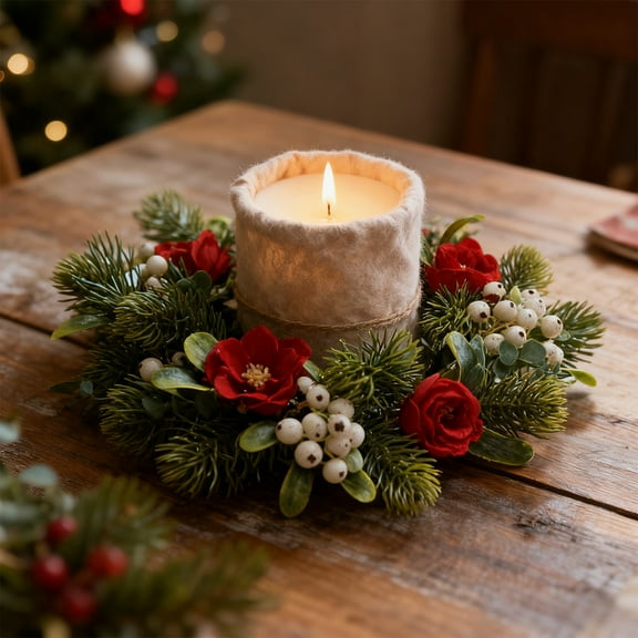 Valentine Candle Rings Wreath Flocked Pine Red Berry Pinecones Wreaths Artificial Berries Snowy Pine Candle Ring Holder for Valentine Wedding Home Table Centerpiece (A)