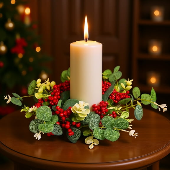 Valentine Candle Rings Wreath Flocked Pine Red Berry Pinecones Wreaths Artificial Berries Snowy Pine Candle Ring Holder for Valentine Wedding Home Table Centerpiece (B)