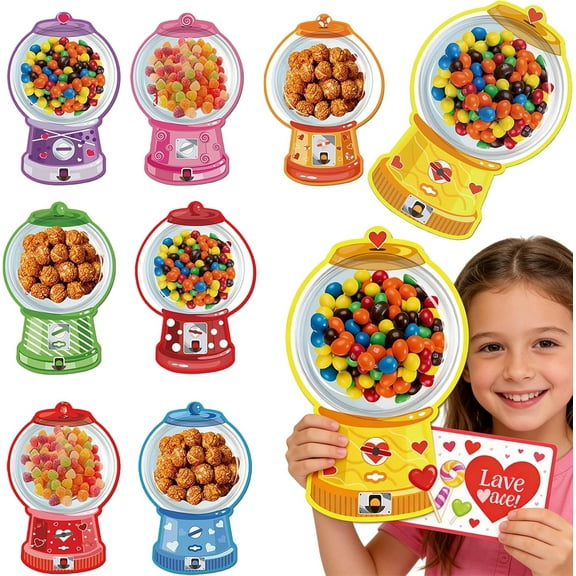 Valentine Candy Cards, 18/36pack Adorable Bubble Gum Machine Design, Craft with Plastic Domes Greeting Cards, Clear Shaker Pouches, And Adhesive Dots School Party Favors, Gifts, Crafts & Rewards