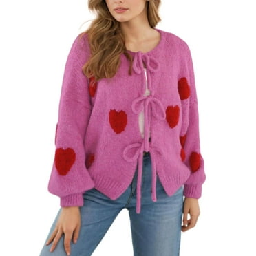 Valentine Cardigans for Women Cute Heart Printed Bow Tie Open Front Puff Sleeves Cardigan Sweaters Shermie