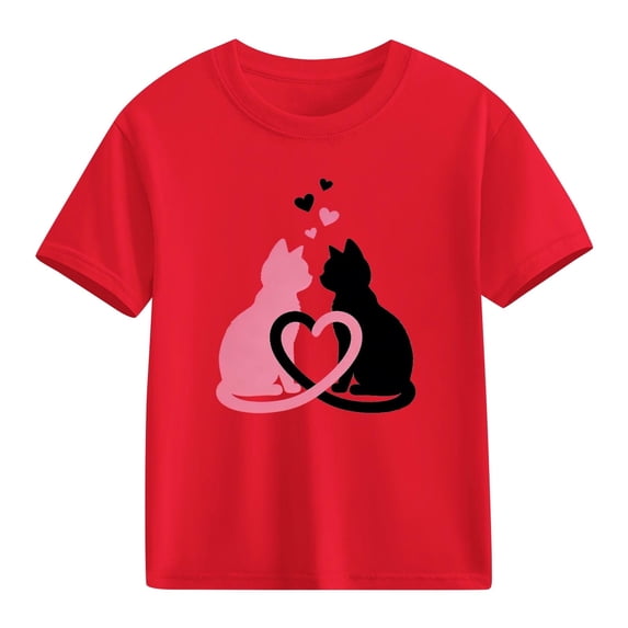 Valentine Cat Heart T-Shirt for Girls Red Kids Cotton Tee Cute Short Sleeve Graphic Top Soft Crewneck Animal Shirt,Size 7 T