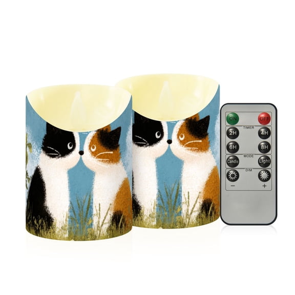 Valentine Cat Kiss Crayon Painting Flickering Flameless Candles with Remote Timer Battery Operated LED Tealight Set of 2 S