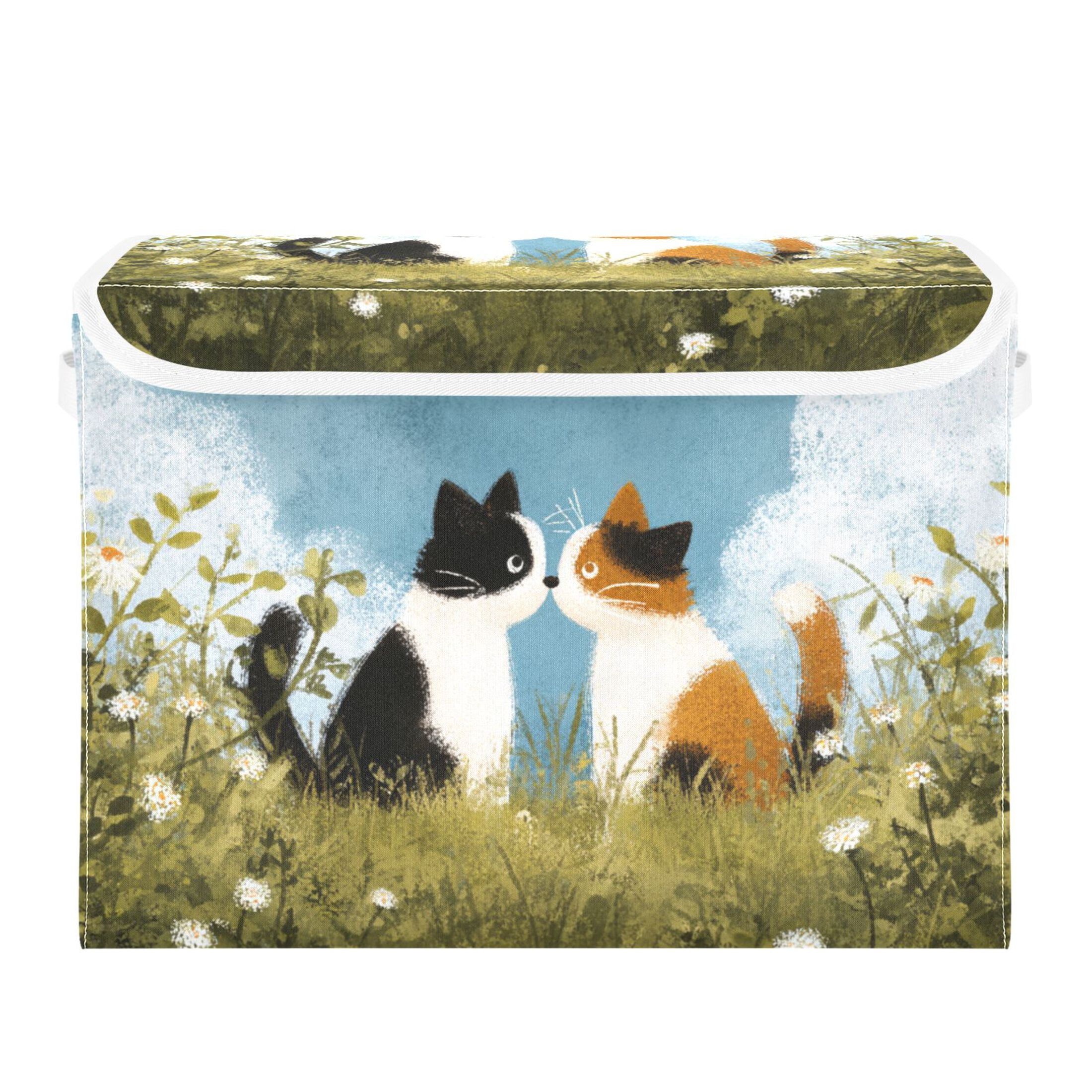 Valentine Cat Kiss Crayon Painting Foldable Storage Bins with Lids Handles Collapsible Storage Containers Tote Boxes 16.5 x 12.6 x 11.8 inches