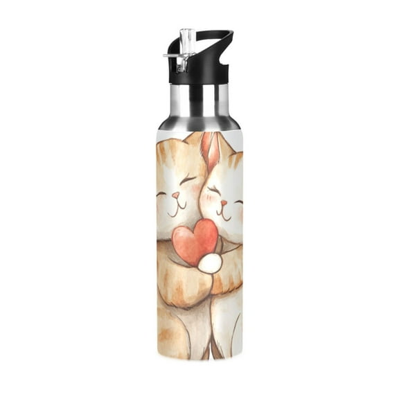 Valentine Cats Hug Hearts Sports Bottle with Straw Stainless Steel Water Jug Portable Thermal Cup Leak-proof 600ML