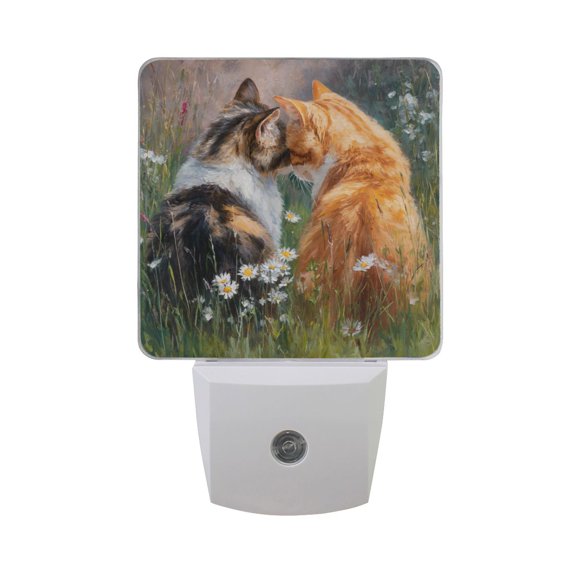 Valentine Cats Leaning Together in Flower Field LED Night Light Sensor Lamp Plug-in Adjustable Brightness 2 Pack