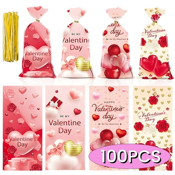Valentines Day Treat Bags Goodie Bags Gift Bags Cellophane Bags Anniversary Heart Bags Cookie Bags with Twist Ties for Party Favor Supplies 100Pcs Design2