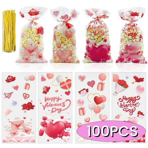 Valentine Cellophane Bags Anniversary Heart Bags Plastic Red Candy Cookie Gift Goodie Bags with Twist Ties for Snack Packing Party Favor Supplies 100Pcs Design3