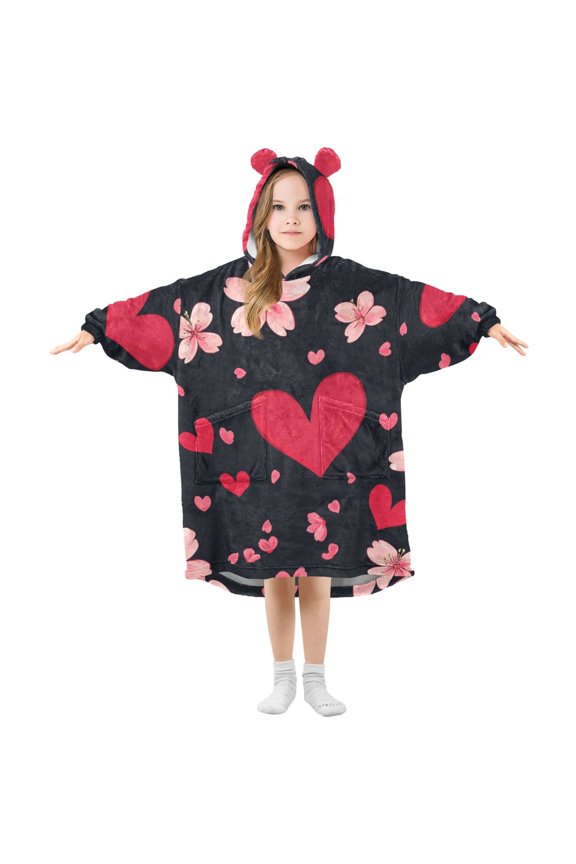 Valentine Cherry Blossom Heart Flannel Wearable Blankets Hooded Design Long Sleeves Wrap Unisex for 3T-14Y S
