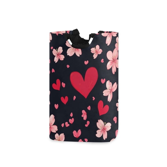 Valentine Cherry Blossom Heart Laundry Basket with Handles Foldable Laundry Hamper Freestanding Washing Bin 50L