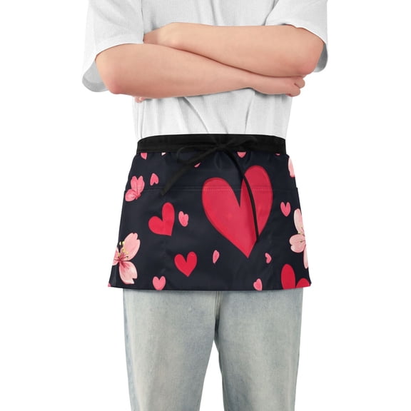 Valentine Cherry Blossom Heart Short Server Apron with 3 Pockets for Unisex Chef Gardening