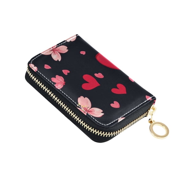 Valentine Cherry Blossom Heart Women's Credit Card Holder PU Leather Zipper Wallet RFID Blocking