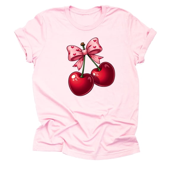Valentine Cherry Bow Hearts Center Design Casual Short Sleeve Shirt ( X-Large, Light Pink)