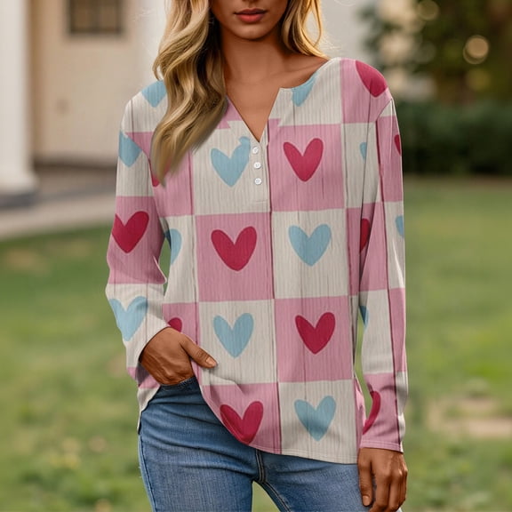 Valentine Clothes for Women Long Sleeve Button V Neck Lightweight Tops Spring Cute Blouses Heart Print Henley Tees