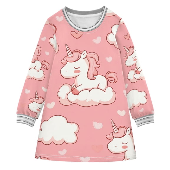 Valentine Clouds Unicorns Hearts Long-sleeved Dress A-line One-Piece Dress for 2-8 Years Casual Party 7-8Y