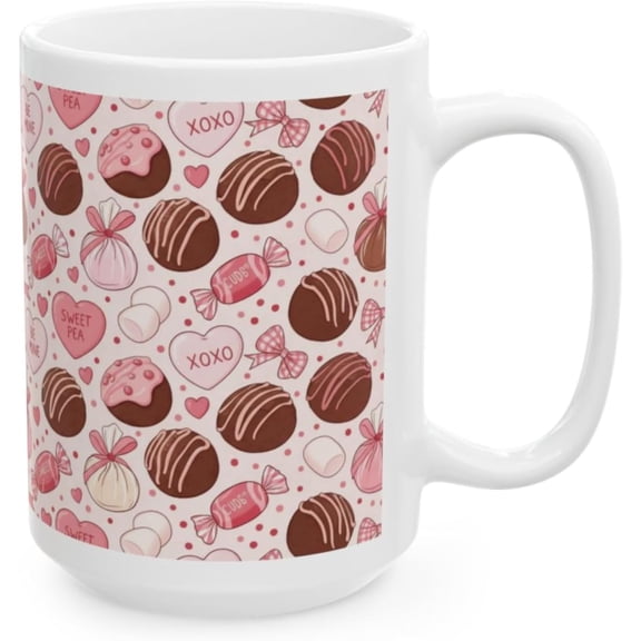 Valentine Coffee Mug with Chocolate Truffle & Candy Heart Pattern, 15 oz White Ceramic Coffee Mug, Cute Sweet Treat Gift Mug Truffle & Candy Heart Pattern