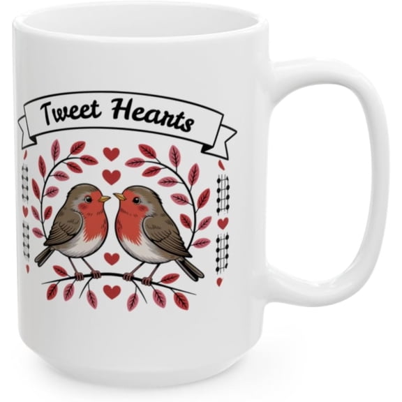 Valentine Coffee Mug with Cute Robin Pair Heart Design, 15 oz White Ceramic Coffee Mug, Bird Lover Gift Mug for Couples Tweet Hearts