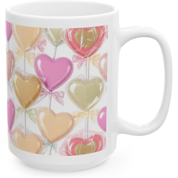 Valentine Coffee Mug with Heart Lollipop Pattern, 15 oz White Ceramic Coffee Mug, Cute Pastel Candy Gift Mug Sweetheart Lollipops Pattern