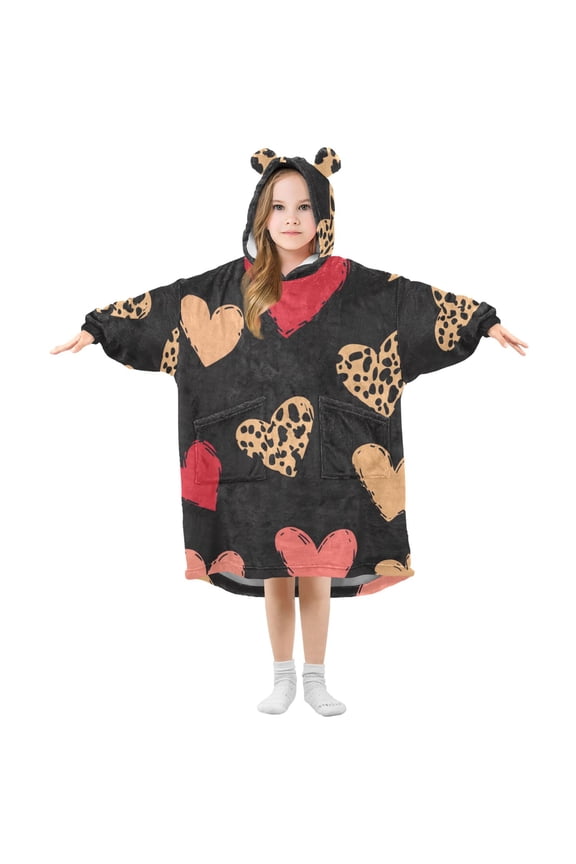 Valentine Colorful Hearts Leapard Printed Flannel Wearable Blankets Hooded Design Long Sleeves Wrap Unisex for 3T-14Y S