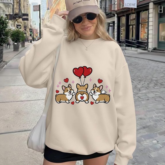 Valentine Corgi Embroidered Sweatshirt, Cute Dog Love Crewneck, Heart Balloon Puppy Embroidery Gift for Dog Lovers