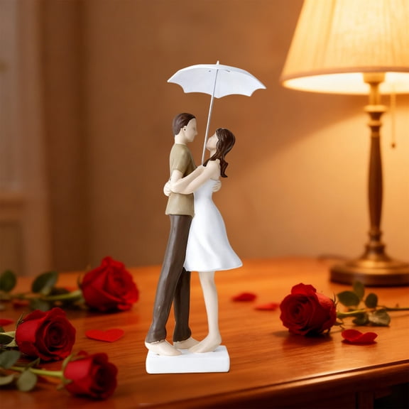 Valentine Couple Under Umbrella Resin Figurine with Warm LED Light, Romantic Wedding Centerpiece or Mantel Decoration, Heartfelt Anniversary and Valentine’s Day Gift for Her or Him