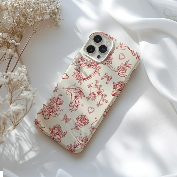 Valentine Cupid Red Floral Hearts Trendy Aesthetic Phone Case for iPhone 17 through 11 Pro Max