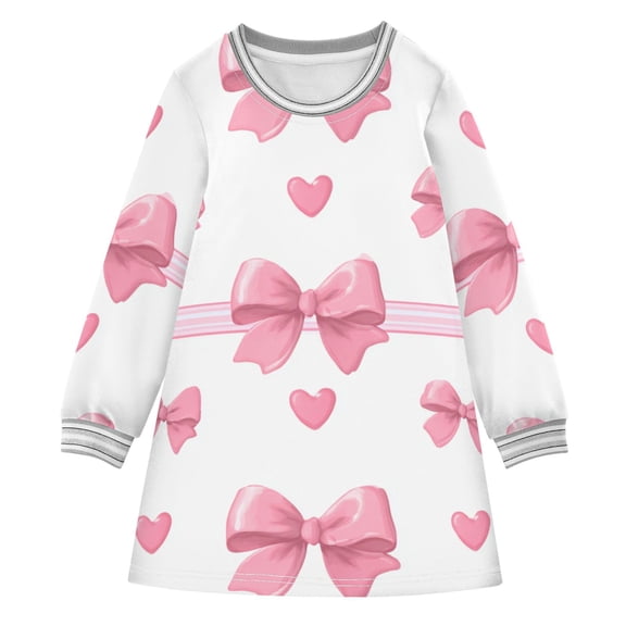 Valentine Cute Bows Hearts with Stripes Long-sleeved Dress A-line One-Piece Dress for 2-8 Years Casual Party 4T