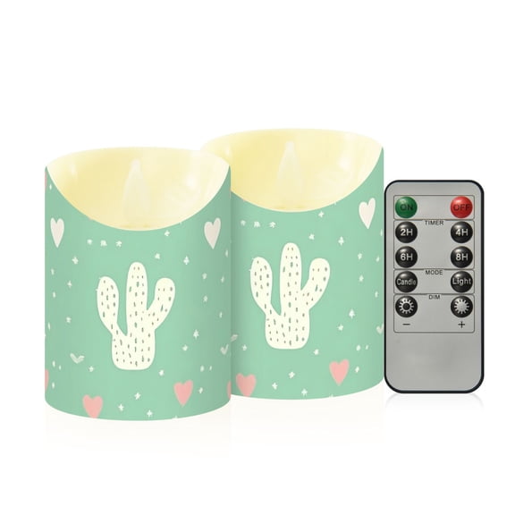 Valentine Cute Cactuses Hearts Flickering Flameless Candles with Remote Timer Battery Operated LED Tealight Set of 2 S