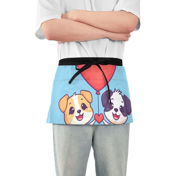 Valentine Cute Dogs Holding Heart Balloon Short Server Apron with 3 Pockets for Unisex Chef Gardening