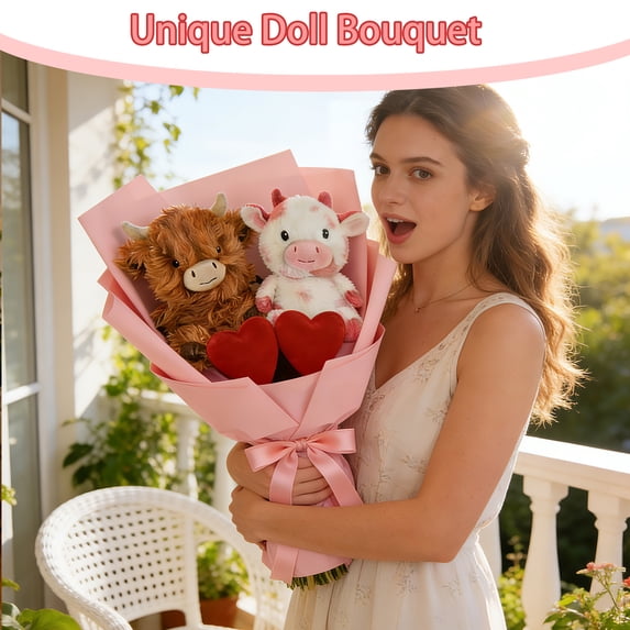 Valentine Cute Doll Plush Bouquet 11.8 Inch, White Highland Cow Stuffed Animal Floral Style Arrangement, Sweet Birthday Gift, Valentine’s Day Surprise and Home Decor
